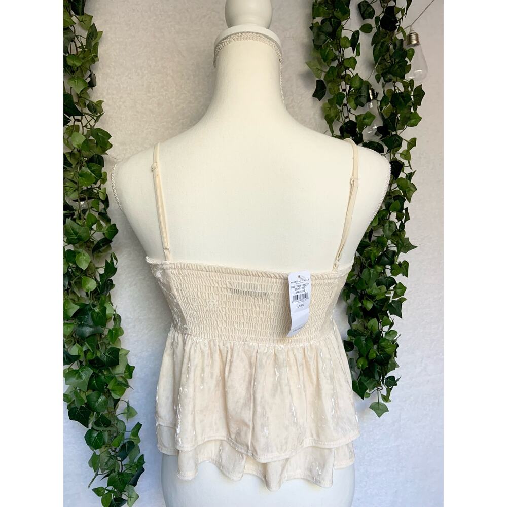 NWT American Eagle Outfitters Cream Ruffled Velour Peplum Top Blouse Women's XS - Picture 4 of 9